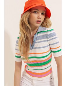 Trend Alaçatı Stili Women's Indigo Polo Collar Multicolored Striped Ribbed Sweater T-Shirt