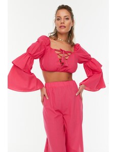 Trendyol Pink Long Sleeve Tie Detail Beach Blouse