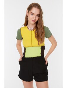 Trendyol Yellow Color Block Corduroy Crop Knitted Blouse