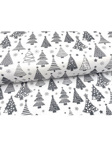 Mirtex Plátno DOMESTINO 120/ 22042-2 Vánoční stromky šedé na bílé - 160cm zbytková metráž