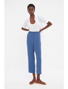 Trendyol Navy Blue Rovné tkané kalhoty s vysokým pasem s elastickým pasem