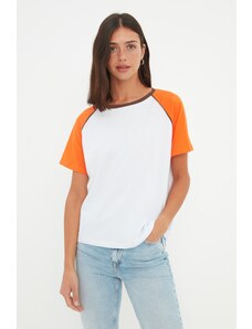 Trendyol Orange 100% Cotton Color Block Comfortable Cut, Basic Raglan Sleeve Crew Neck Knitted T-Shirt