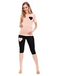 ProMamku Těhotenské a kojící pyžamo s legínami a tričkem s krmným panelem srdce v růžové barvě