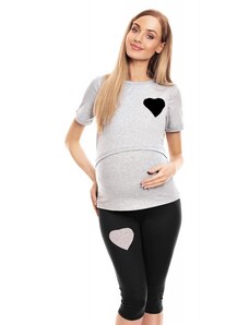 ProMamku Šedé těhotenské a kojící pyžamo s legínami a tričkem s krmným panelem srdce