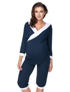 ProMamku Těhotenské a kojící pyžamo s 3/4 kalhotami s břišním panelem a tričkem s 3/4 rukávem s výstřihem - tmavomodré / bílé