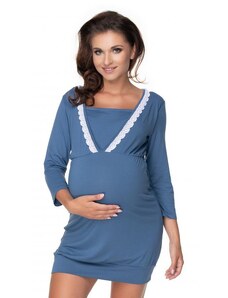 ProMamku Modrá těhotenská a kojící noční košile na krmení s 3/4 rukávy a ozdobnou krajkou