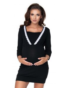 ProMamku Černá těhotenská a kojící noční košile na krmení s 3/4 rukávy a ozdobnou krajkou