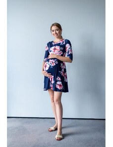 ProMamku Modré květinové šaty pro těhotné a kojící ženy s 3/4 rukávy