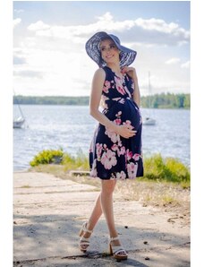 ProMamku Tmavě modré těhotenské a kojící šaty s růžovými květy