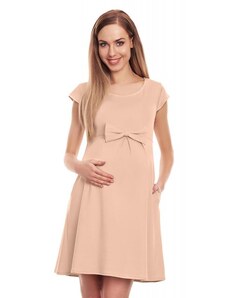 ProMamku Béžové těhotenské elegantní rozšířené šaty s mašlí