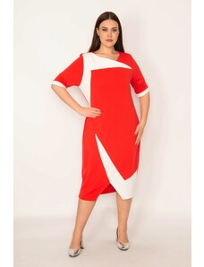 Şans Women's Plus Size Red Color Combination Dress