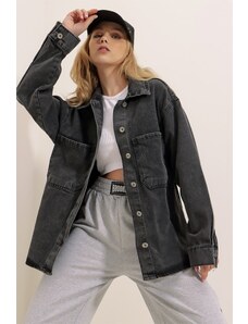 Trend Alaçatı Stili Dámské Antracit Dvojitá Kapsa Washed Oversize Denim Jacket