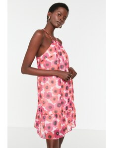 Trendyol růžové tkané šaty s výstřihem kolem krku