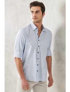 AC&Co / Altınyıldız Classics Men's Blue Slim Fit Slim Fit Shirt with Hidden Buttons Collar Linen-Looking 100% Cotton Flared Shirt.