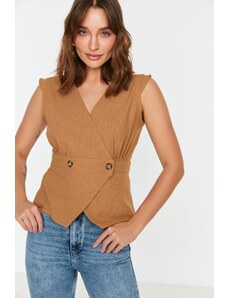 Trendyol Light Brown Woven Bone Button Detailed Double Breasted Blouse