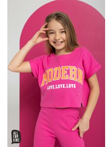 Dívčí žebrované tričko s krátkým rukávem crop top, sytě růžové ALL FOR KIDS