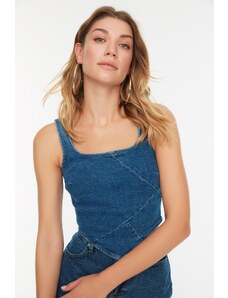 Trendyol Strappy Denim Blouse with Blue Stitching Detail