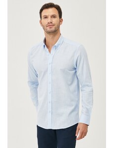 AC&Co / Altınyıldız Classics Men's Light Blue Tailored Slim Fit Buttoned Collar Linen Look 100% Cotton Flamed Shirt