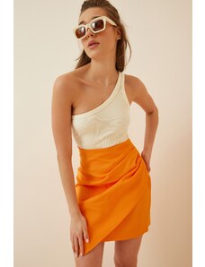 Happiness İstanbul Women's Orange Draped Knitted Mini Skirt