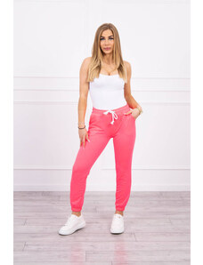 MladaModa Bavlněné kalhoty se šněrováním v pase model 9338 neonově růžové