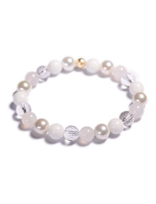 Lavaliere Dámský korálkový náramek - bílý porcelán, shell perly, fasetovaný křišťál, mléčný achát zlato S - 16 cm