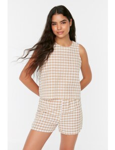 Trendyol Beige Gingham Back Detailed See-through Fabric Woven Pajamas Set