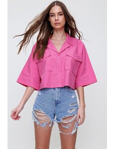 Trend Alaçatı Stili Women's Fuchsia Crop Poplin Shirt With Envelopes