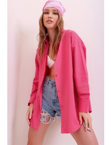 Trend Alaçatı Stili Women's Fuchsia Oversize Long Woven Shirt