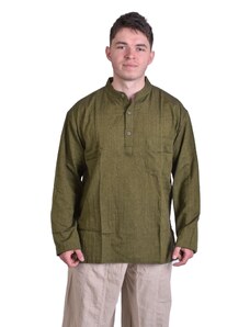 Khaki pánská košile-kurta s dlouhým rukávem a kapsičkou XL , Zelená , Nepál , 100% bavlna