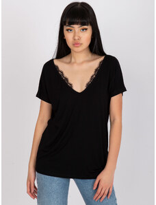 BASIC FEEL GOOD Černé dámské tričko s výstřihem s krajkou -black Černá