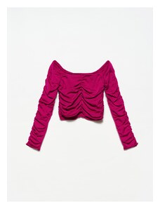 Dilvin 10201 Open Shoulder Gathered Sweater-raspberry