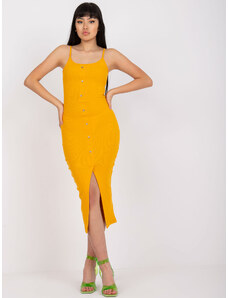Fashionhunters Světle oranžové vypasované šaty s pruhy RUE PARIS
