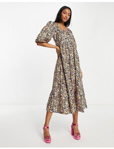 Edited cotton short sleeve smock dress with pleated hem in retro floral - MULTI