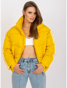 BASIC PROŠÍVANÁ ZIMNÍ ŽLUTÁ CROP BUNDA S PRUHY NA RUKÁVECH --YELLOW Hořčicová