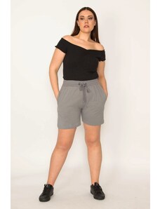 Şans Women's Plus Size Gray Cotton Fabric Shorts With Elastic Waist And Lace-Up Eyelets With Side Pockets