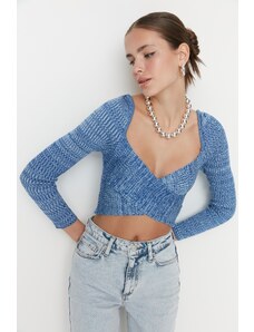 Trendyol Blue Crop Premium Yarn / Special Yarn Sweetheart Knitwear Sweater
