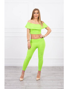 MladaModa Komplet kalhoty+top s volány neonově zelený