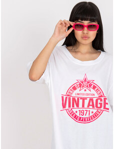 Fashionhunters Bílé a růžové volné tričko s aplikací