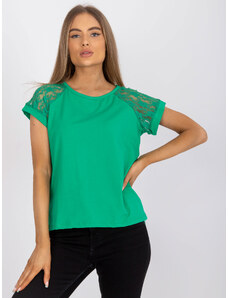 RUE PARIS Zelené dámské tričko s krajkovými rukávy -green Zelená