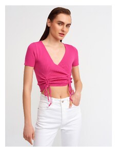 Dilvin 10194 Double Breasted Collar Front Gathered Knitwear Crop-fuchsia