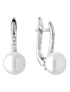 Gaura Pearls Stříbrné náušnice s bílou perlou a zirkony Amber, stříbro 925/1000