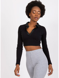 RUE PARIS ČERNÝ CROP TOP S DLOUHÝM RUKÁVEM -BLACK Černá