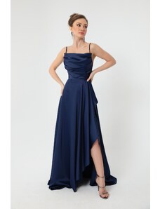 Lafaba Dámské tmavě modré volánkové rozparkové saténové večerní šaty a promoční šaty