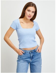 Světle modré dámské žebrované cropped tričko Guess - Dámské