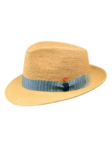 Luxusní panamský klobouk Fedora Bogart s modrou stuhou - ručně pletený, UV faktor 80 - Ekvádorská crochet panama - Mayser Manuel
