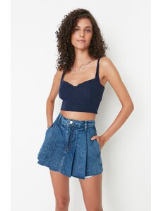 Trendyol Blue Pleated Normal Waist Denim Shorts Skirt