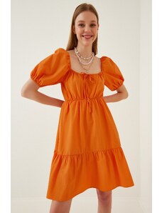 Happiness İstanbul Štěstí İstanbul Dámské oranžové nabírané límec Rozšířené popelínové šaty
