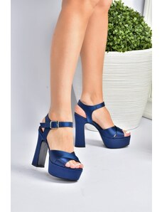 Fox Shoes Navy Blue Satin Fabric Platform Heel Women's Evening Dress Shoes