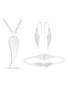 Biju Set z chirurgické oceli andělská křídla, řetízek + visací náušnice + náramek se zirkony a perletí 182
