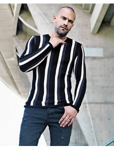 Fashionformen Zajímavý pánský svetr s proužky černo-šedý LAGOS 2427